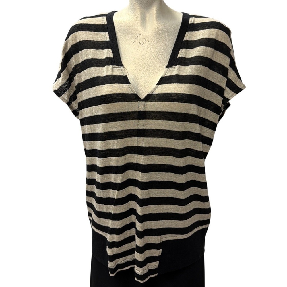BYLYSE V-Neck Striped Short Sleeve Knit Top Black Beige Lurex Large